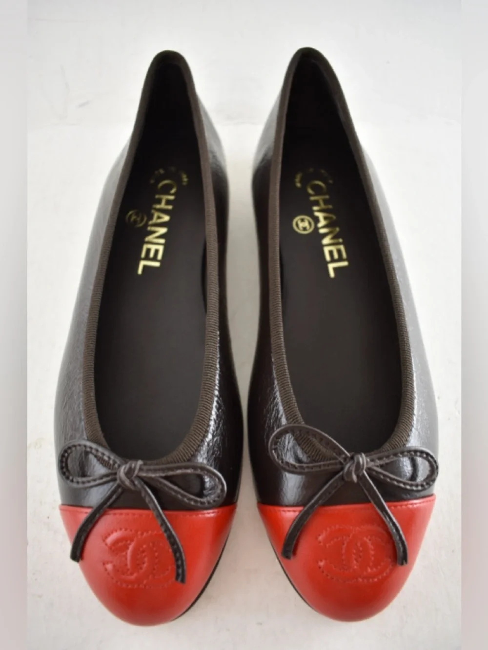 Chanel 26S Dark Brown Red Leather CC Logo Cap Classic Ballet Ballerina Flat 37 - Picture 13 of 16
